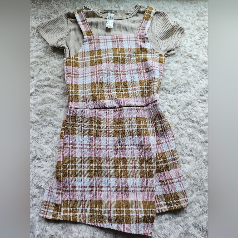 Heart and Arrow Girl's Two Piece Romper Skort Set, Size 8, Plaid, Pink, Tan, EUC